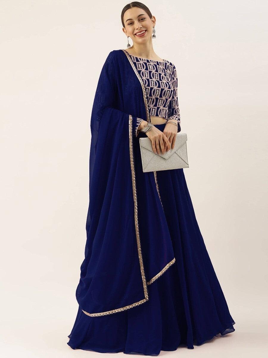 Charming Blue Thread Work Georgette Sangeet Wear Lehenga Choli