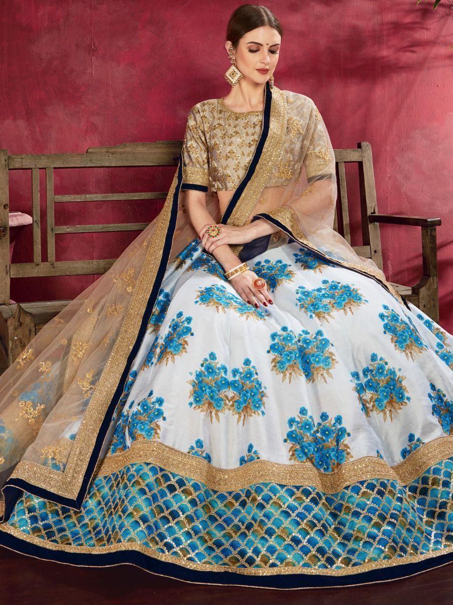 Blue & White Floral Print Banglori Silk Wedding Wear Lehenga Choli