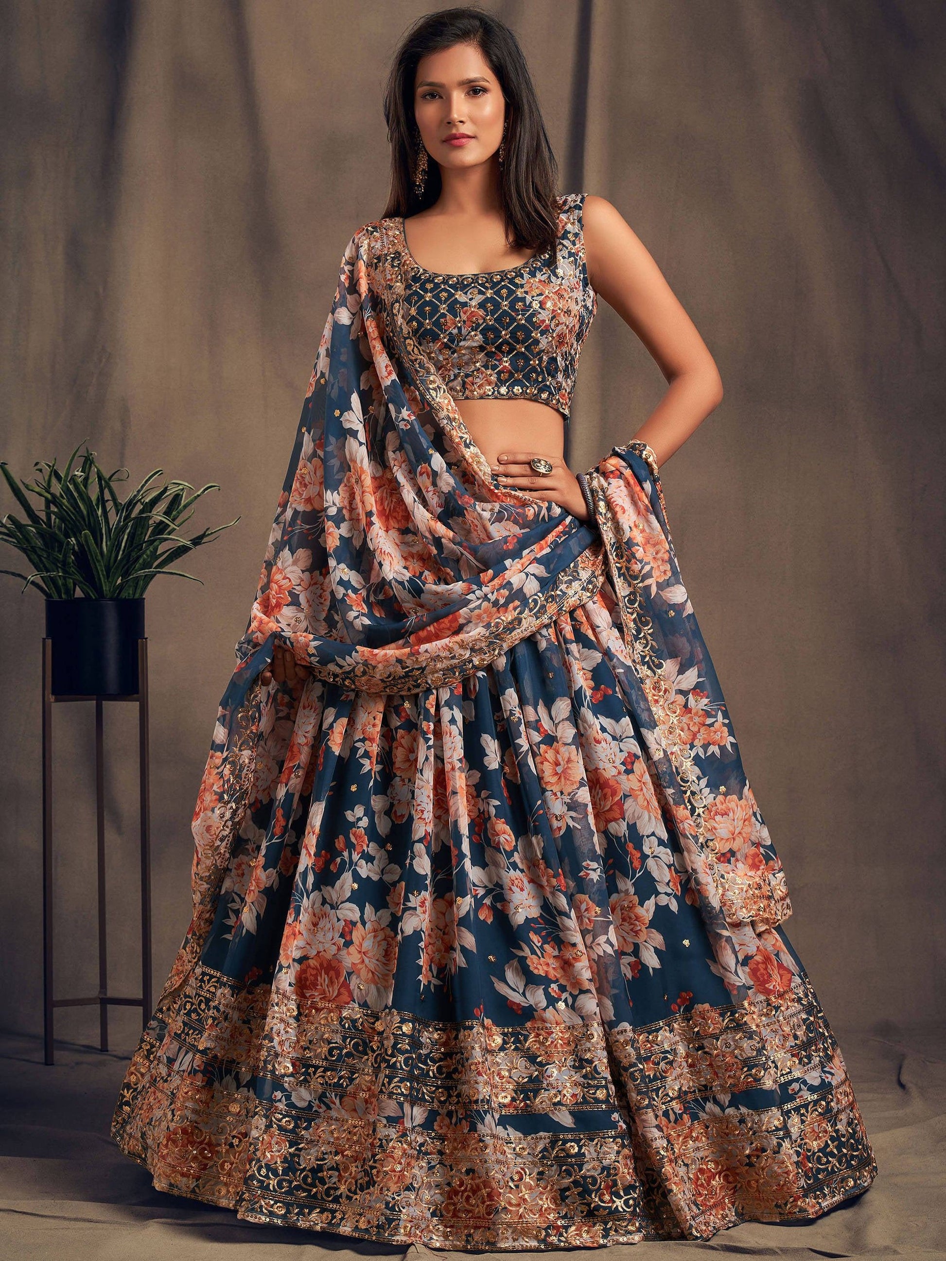 Blue Floral Printed Organza Festival Lehenga Choli - Zeel Clothing