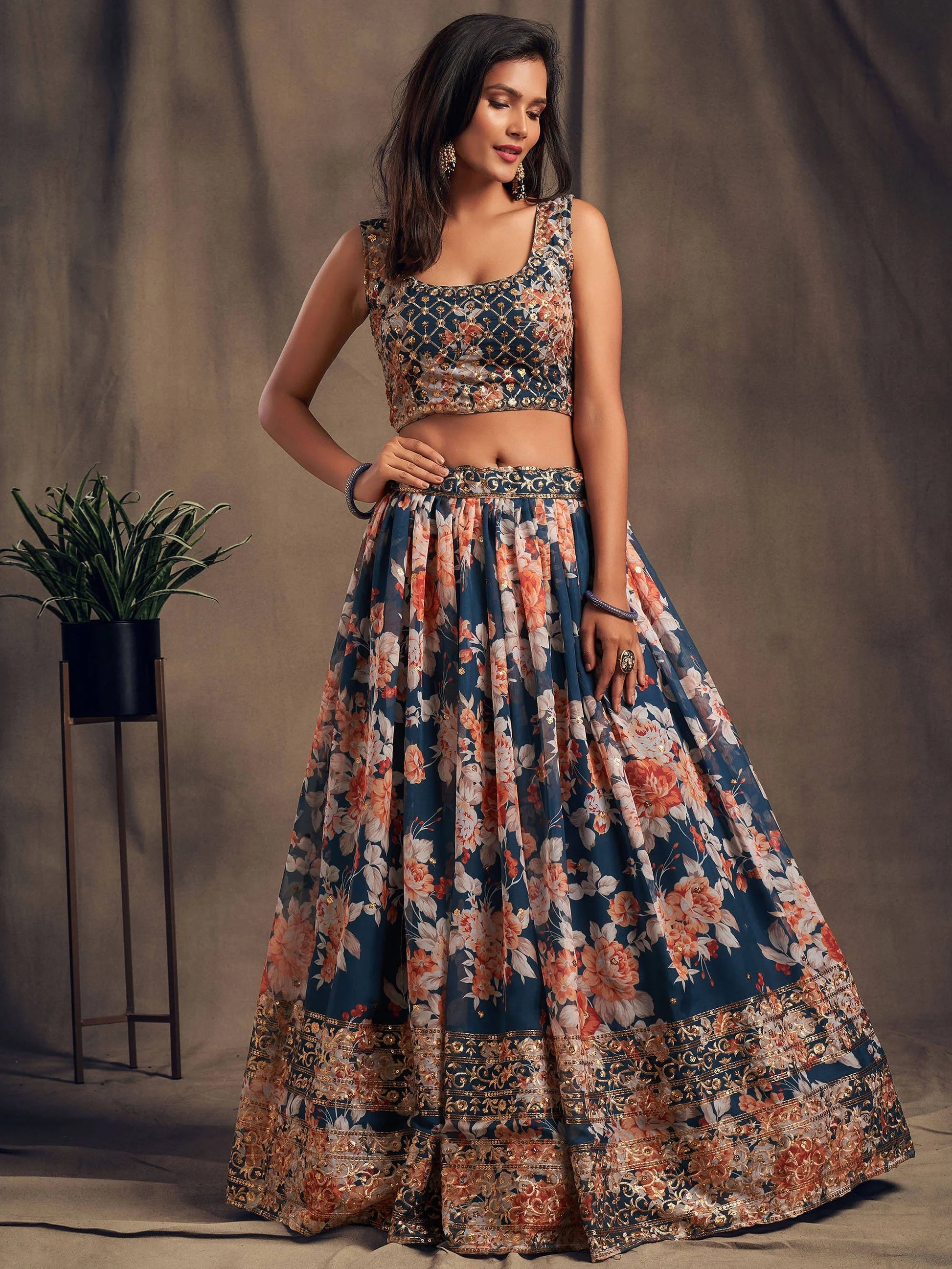 Blue Floral Printed Organza Festival Lehenga Choli - Zeel Clothing