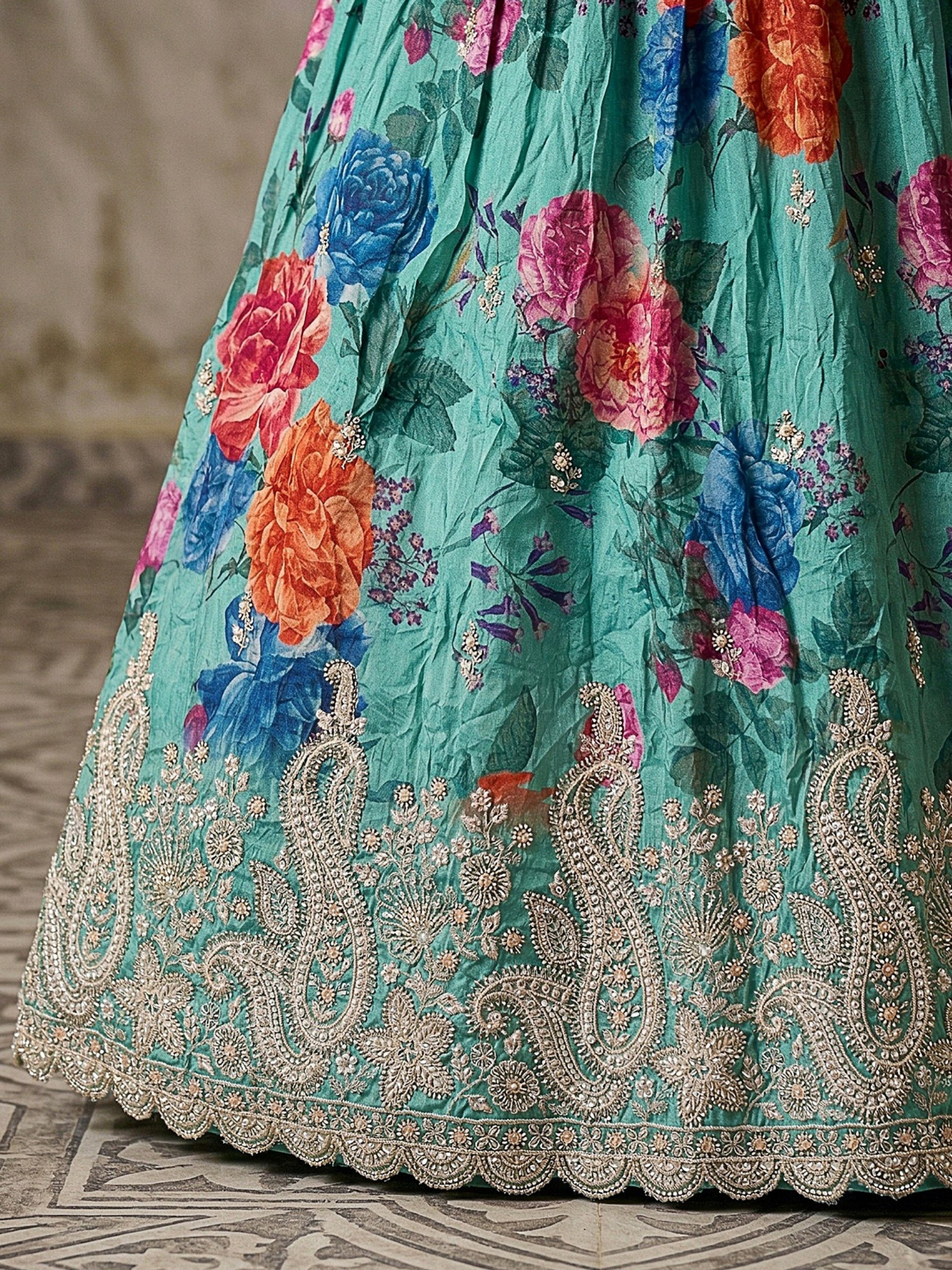 Stunning Sky-Blue Beads Tissue Festive Wear Lehenga Choli With Dupatta
