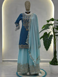 Trendy Teal Blue Sequins Work Chinon Engagement Wear Palazzo Suit