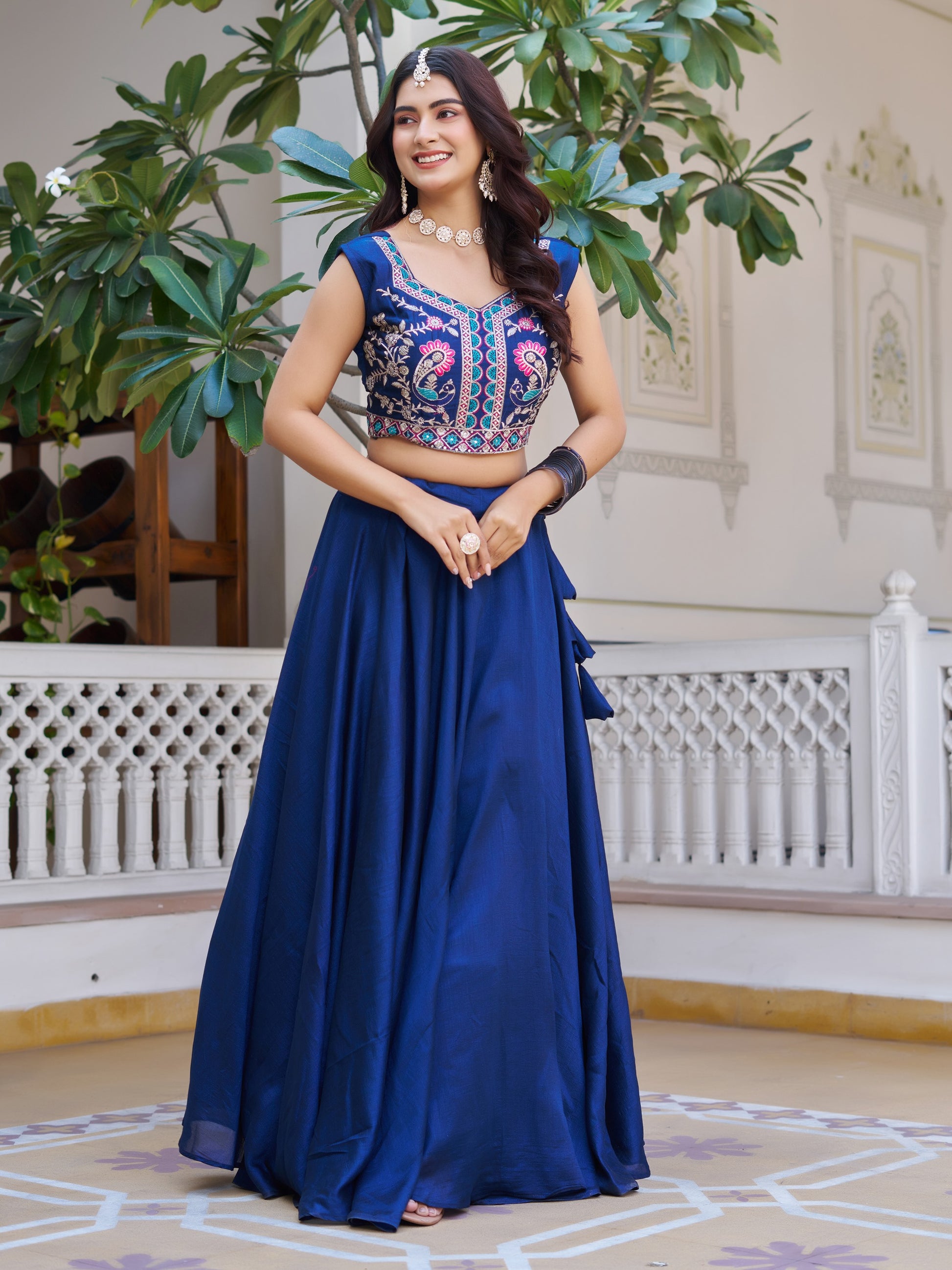 Stunning Blue Thread Embroidered Silk Marriage Wear Lehenga Choli With Jacket