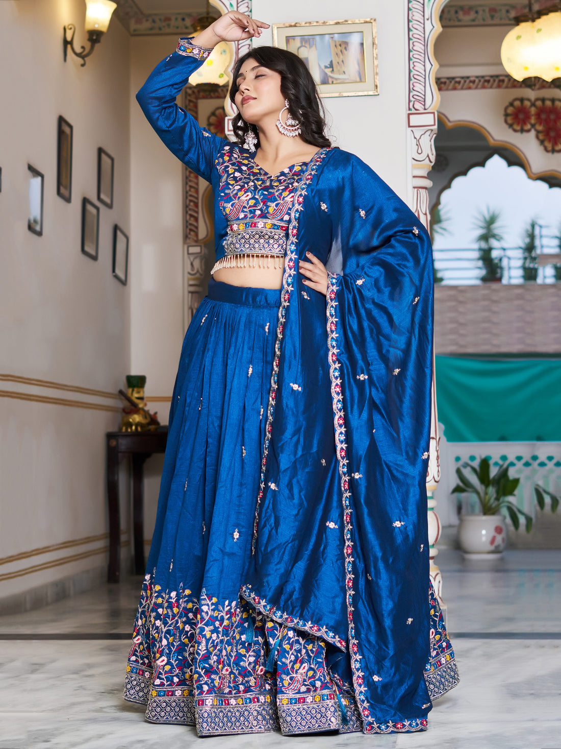 Great Blue Floral Embroidery Silk Wedding Wear Lehenga Choli With Dupatta