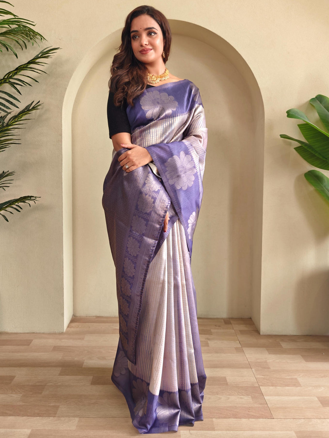 Gorgeous Lavender Zari Weaving Silk Festive Wear Saree With Blouse