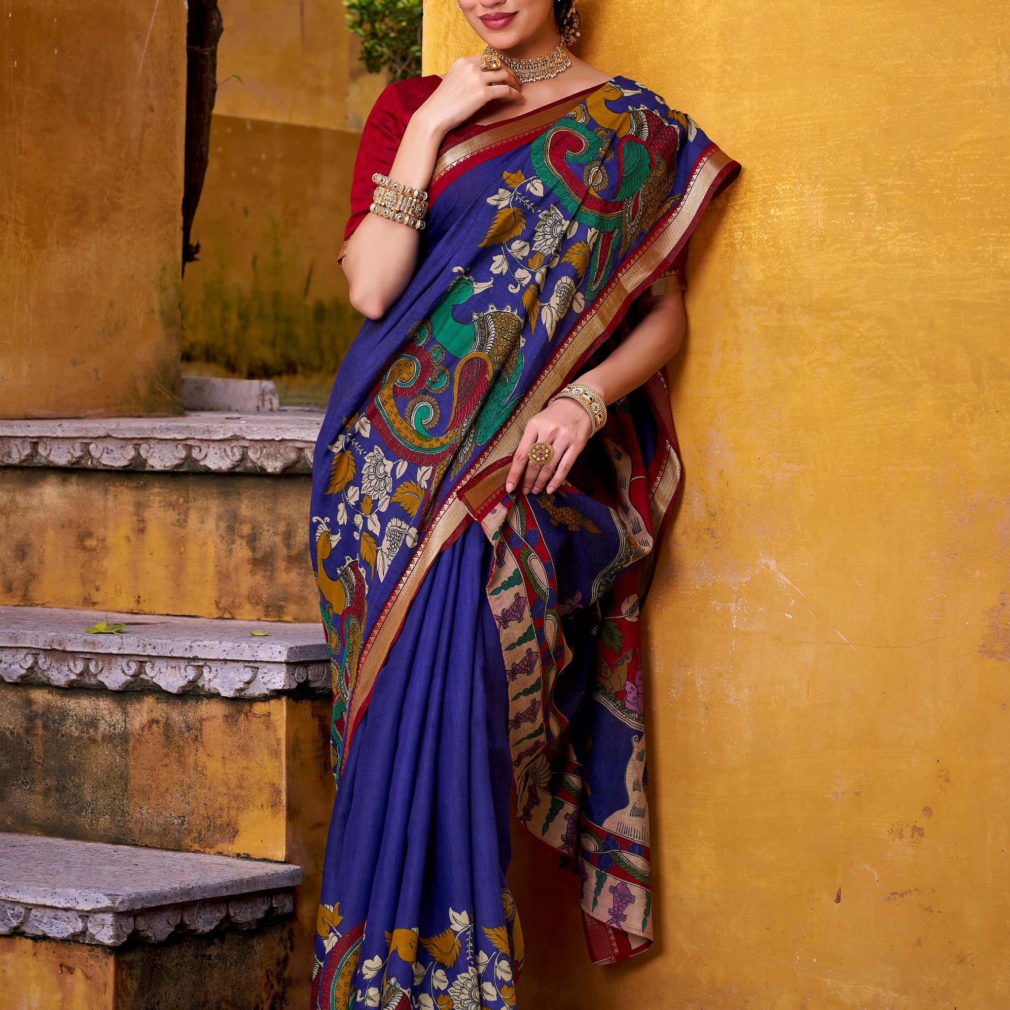Rich Blue Kalamkari Print Chanderi Silk Traditional Saree With Blouse