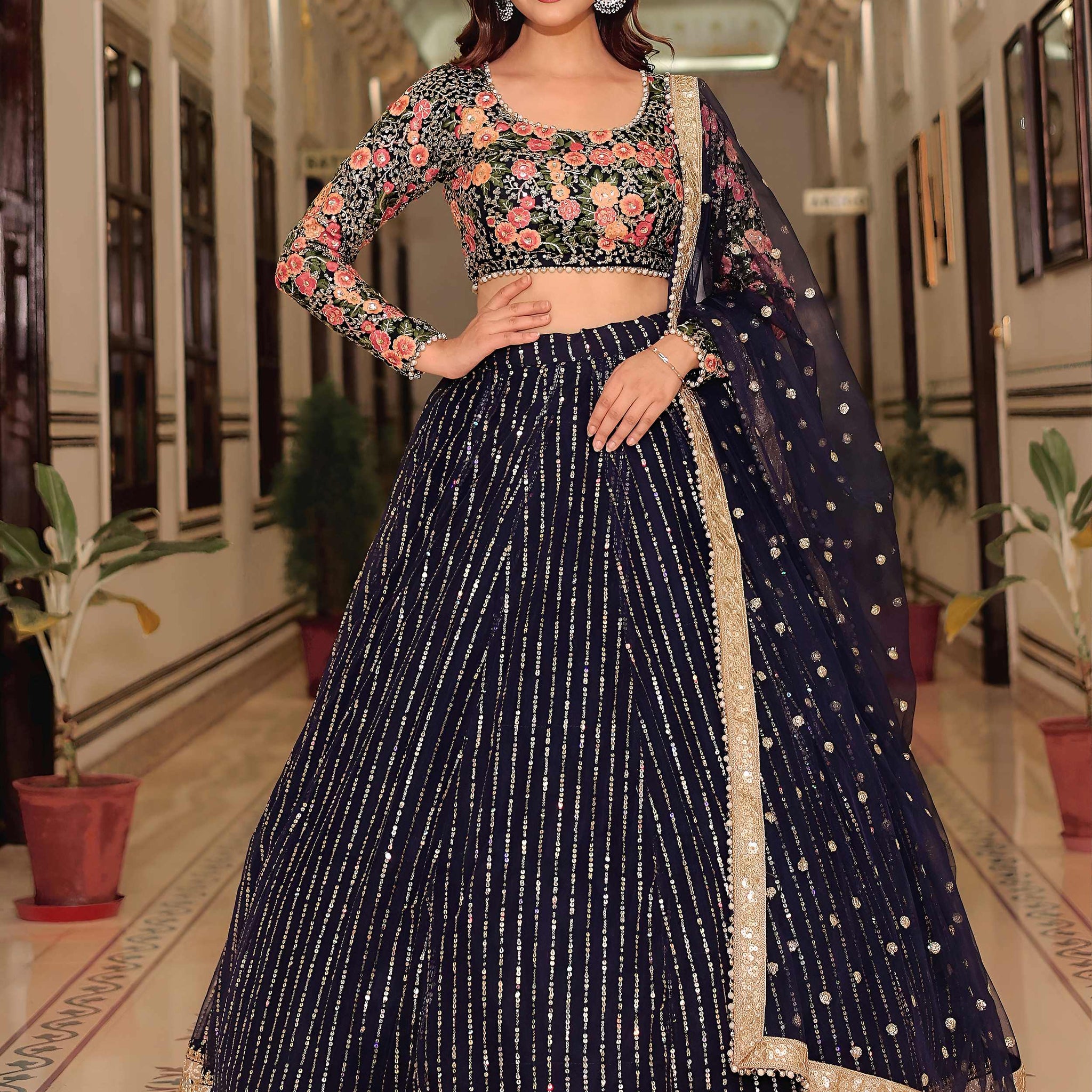 Glamorous Navy Blue Floral Embroidery Net Engagement Wear Lehenga With Blouse