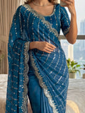 Graceful Teal Blue Bead Work Satin Reception Wear Saree With Blouse