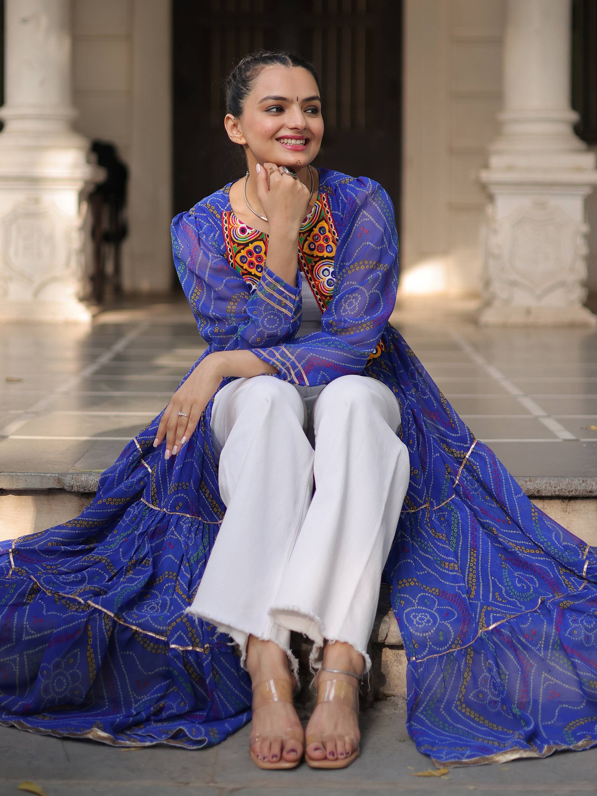 Stellar Blue Bandhani Printed Georgette Navratri Special Shrug