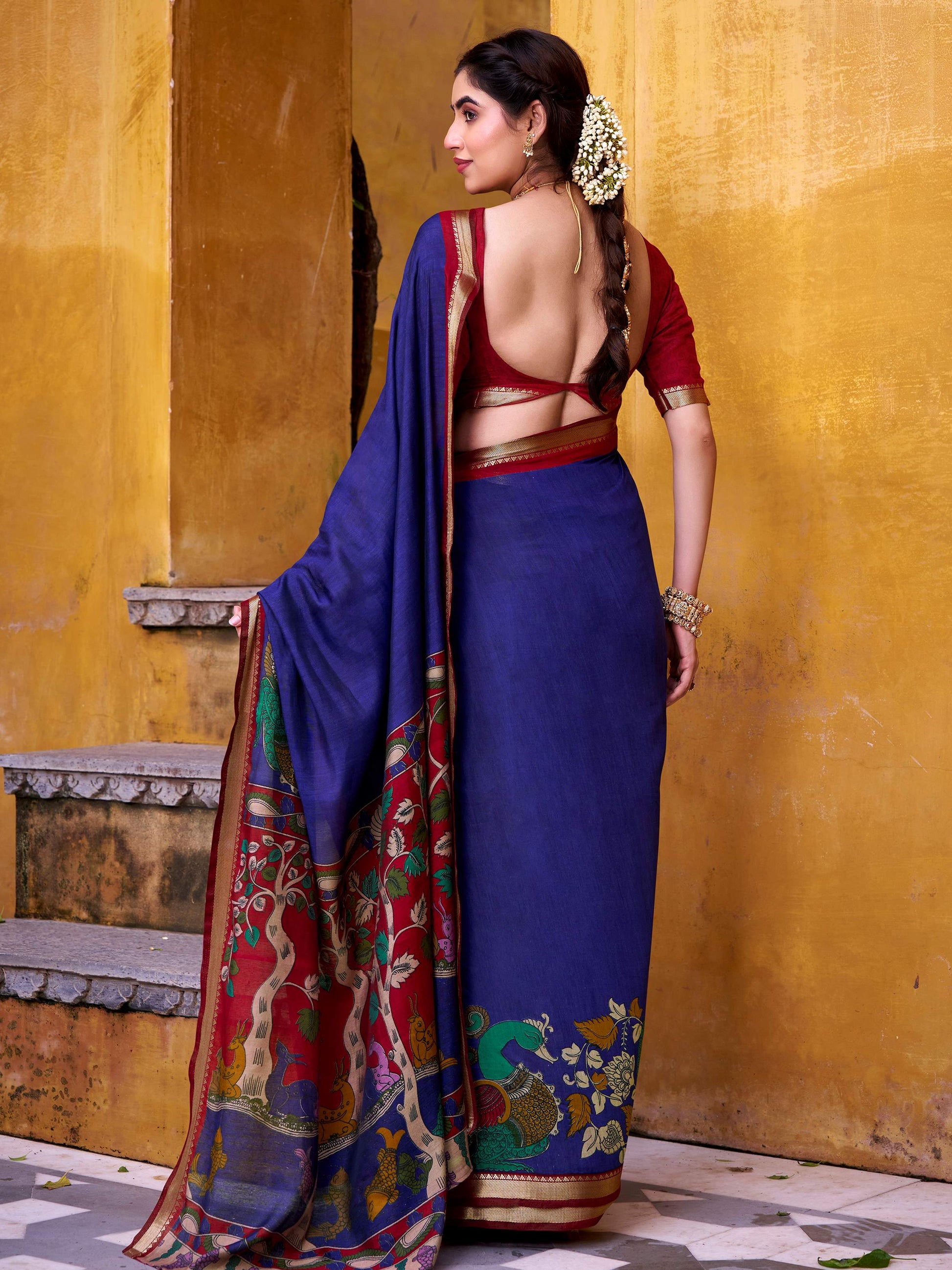 Rich Blue Kalamkari Print Chanderi Silk Traditional Saree With Blouse
