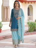 Trendy Teal Blue Sequins Work Chinon Engagement Wear Palazzo Suit