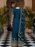 Regal Teal Blue Zari Embroidery Chinon Festive Wear Palazzo Suit With Dupatta