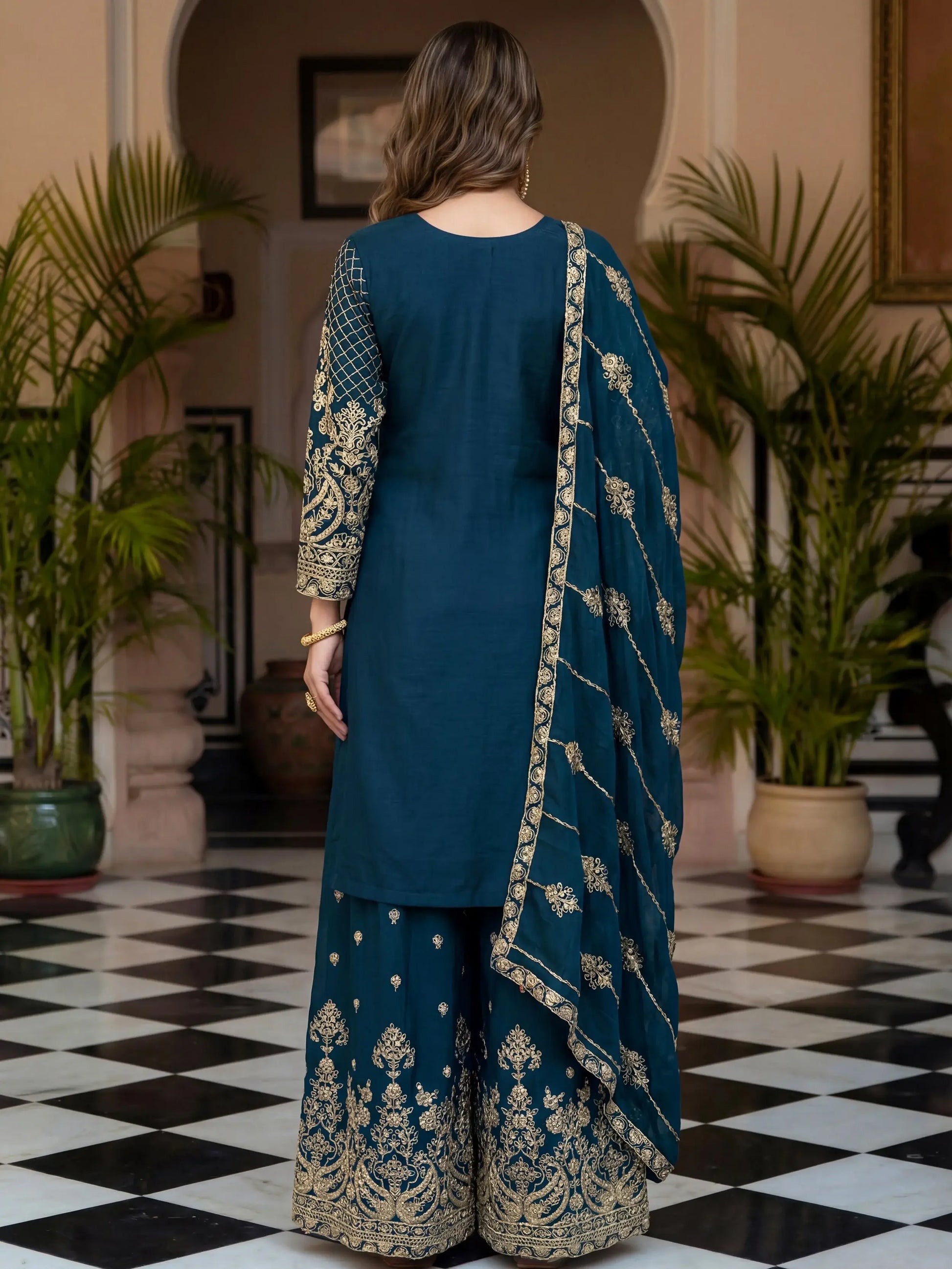 Regal Teal Blue Zari Embroidery Chinon Festive Wear Palazzo Suit With Dupatta