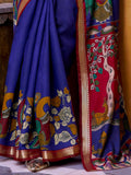 Rich Blue Kalamkari Print Chanderi Silk Traditional Saree With Blouse