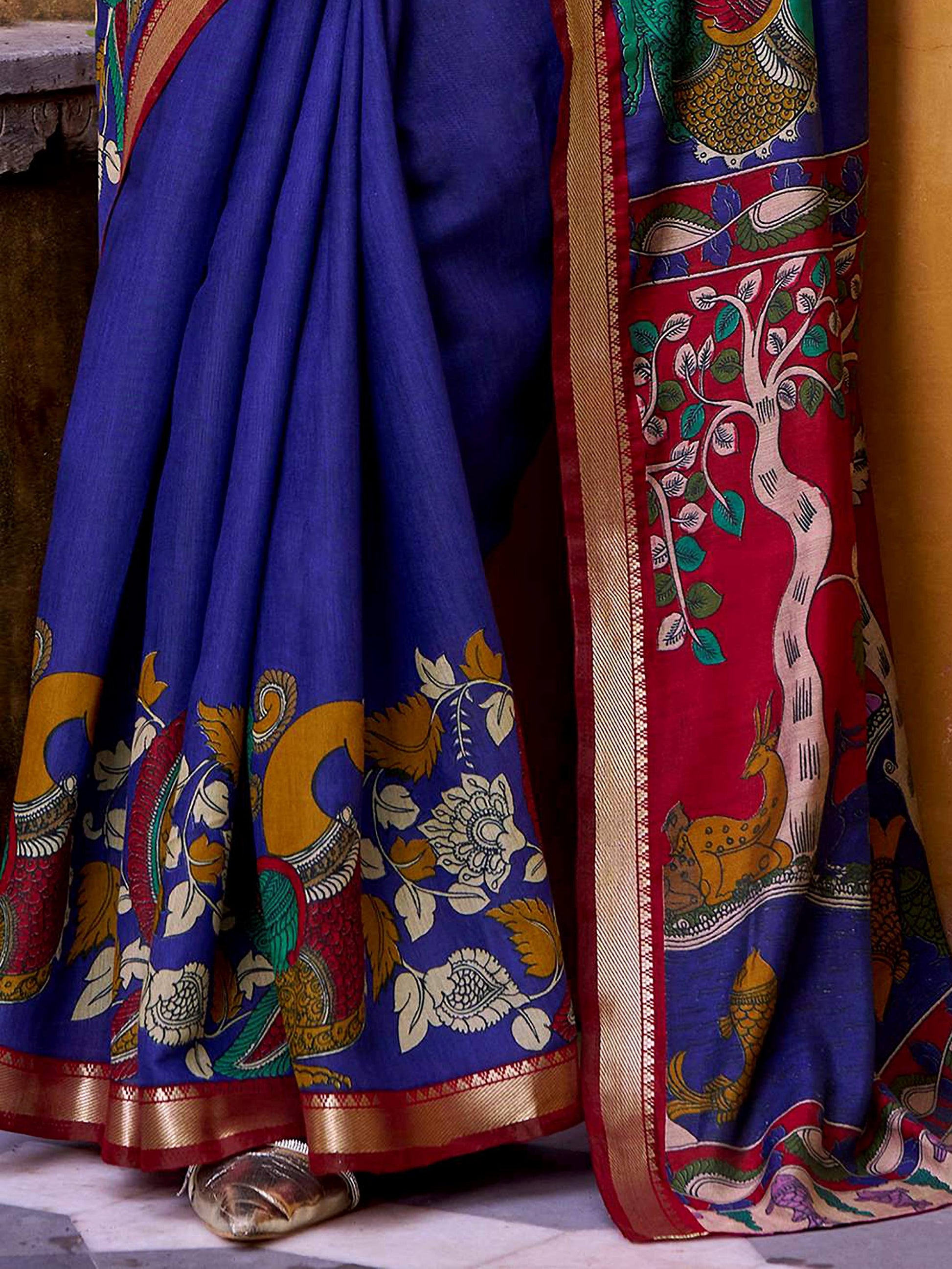 Rich Blue Kalamkari Print Chanderi Silk Traditional Saree With Blouse
