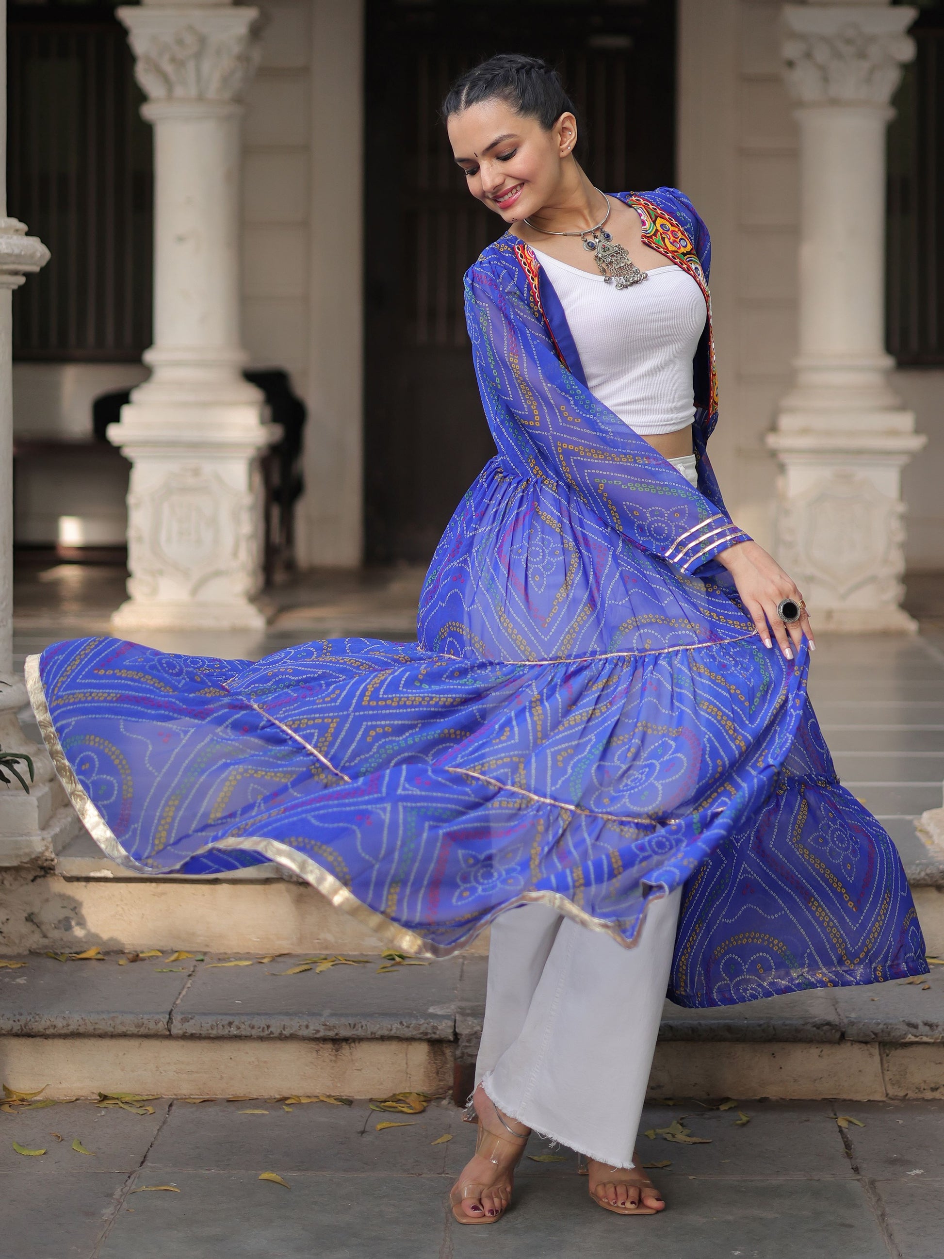 Stellar Blue Bandhani Printed Georgette Navratri Special Shrug