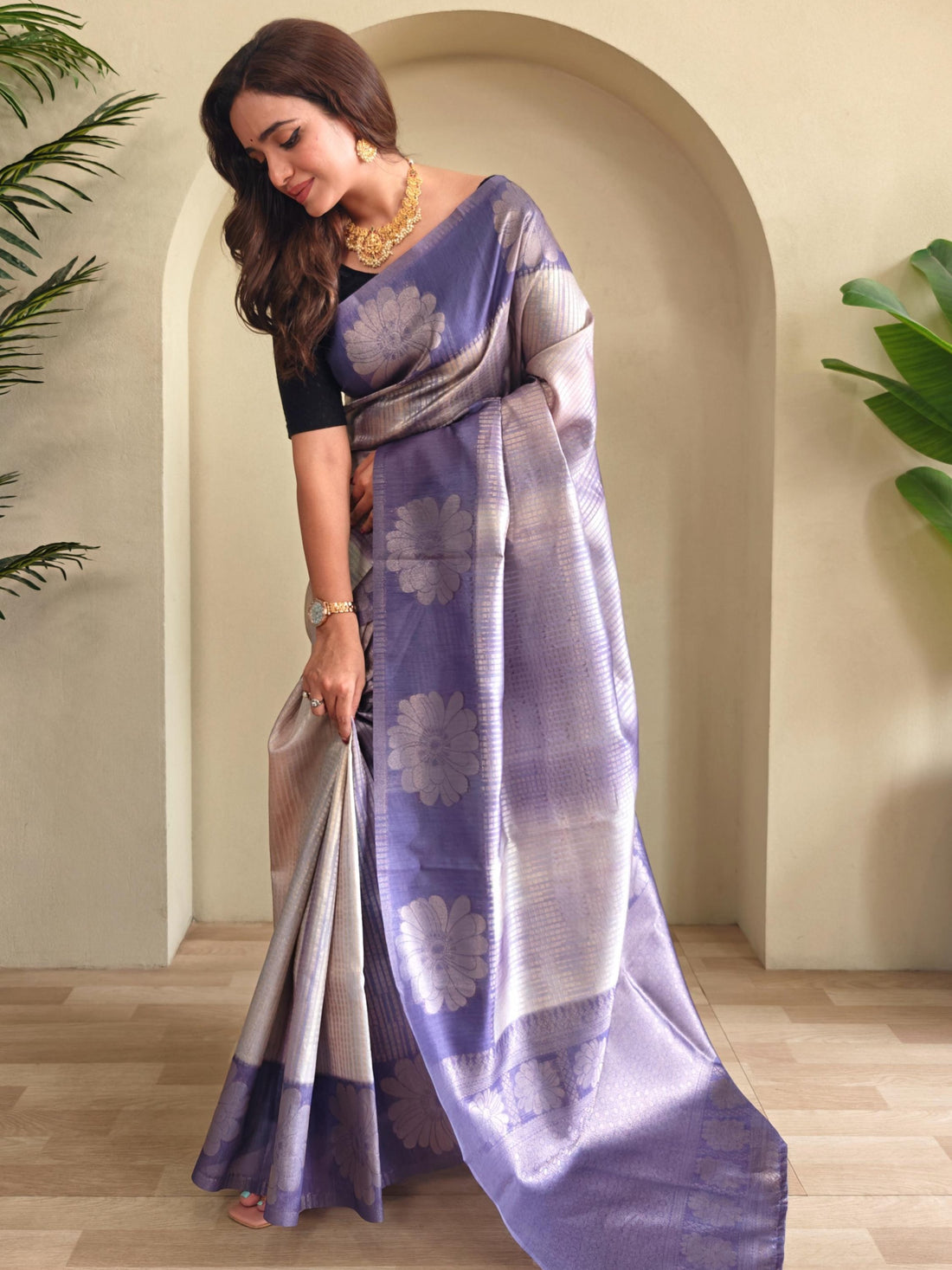 Gorgeous Lavender Zari Weaving Silk Festive Wear Saree With Blouse