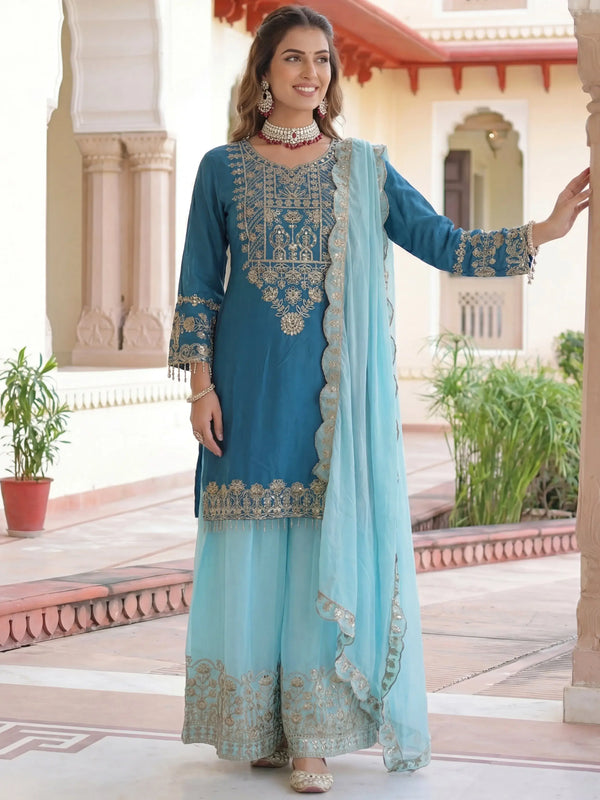 Trendy Teal Blue Sequins Work Chinon Engagement Wear Palazzo Suit