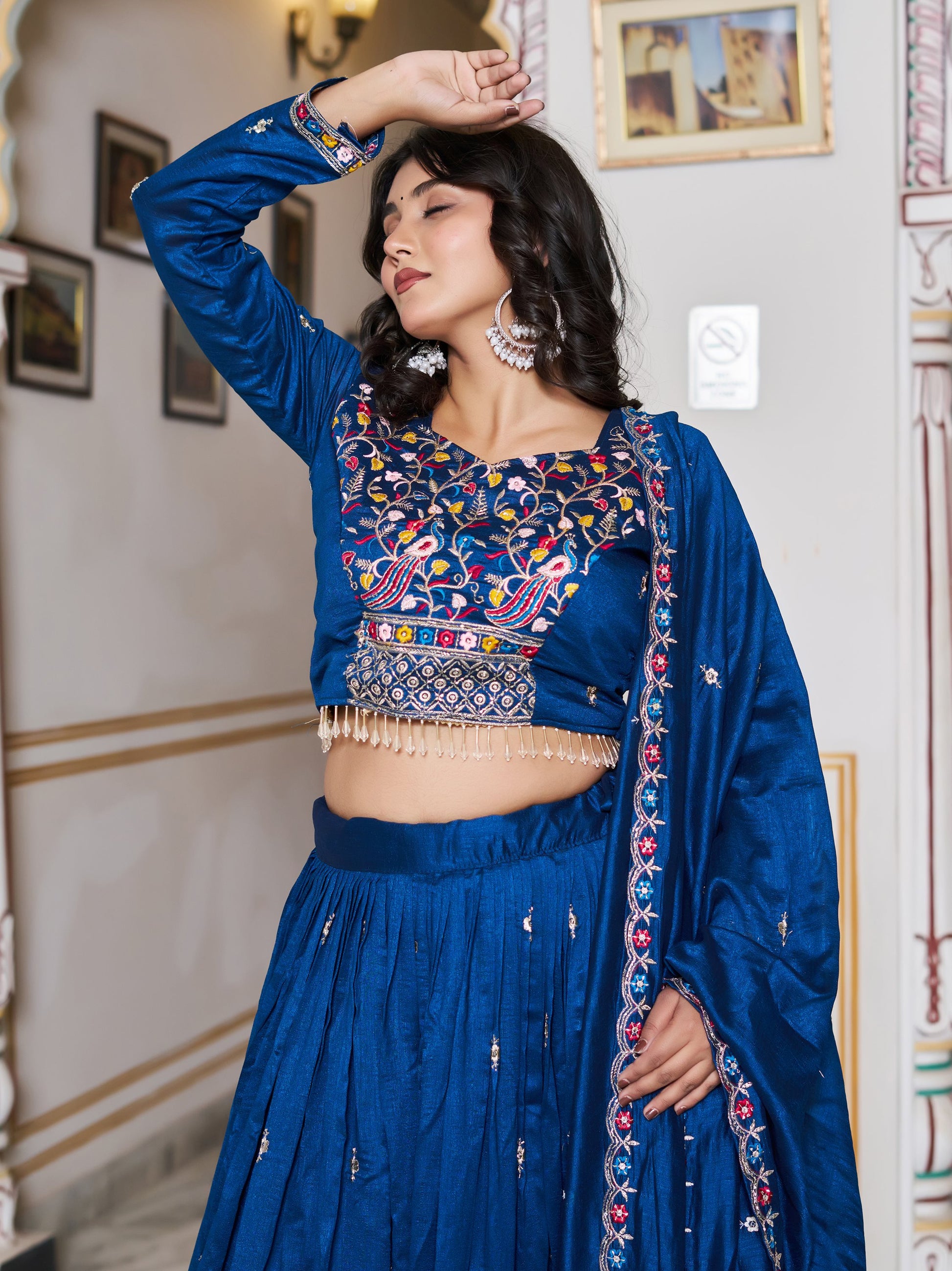 Great Blue Floral Embroidery Silk Wedding Wear Lehenga Choli With Dupatta