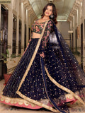 Glamorous Navy Blue Floral Embroidery Net Engagement Wear Lehenga With Blouse