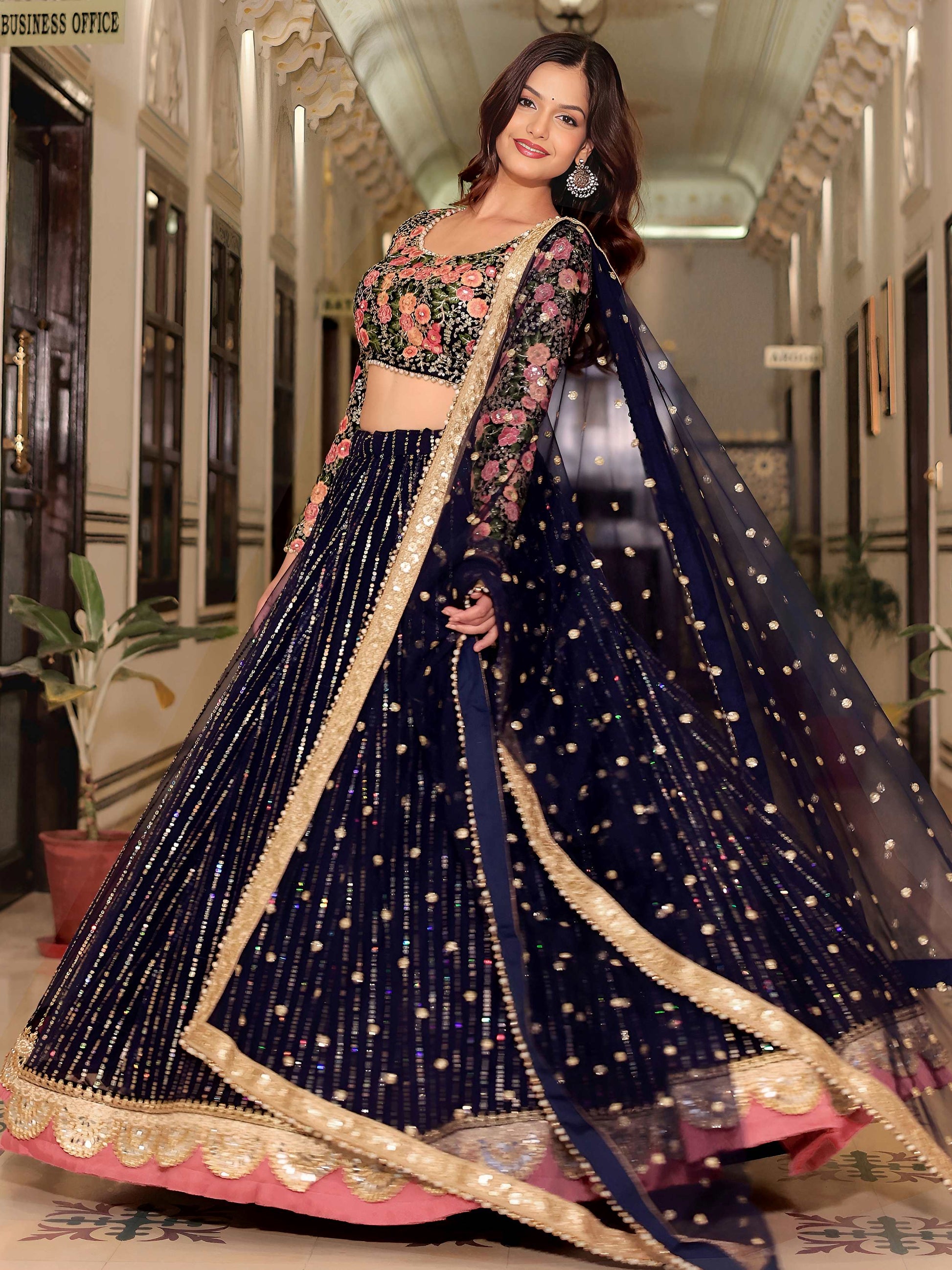 Glamorous Navy Blue Floral Embroidery Net Engagement Wear Lehenga With Blouse