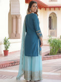 Trendy Teal Blue Sequins Work Chinon Engagement Wear Palazzo Suit