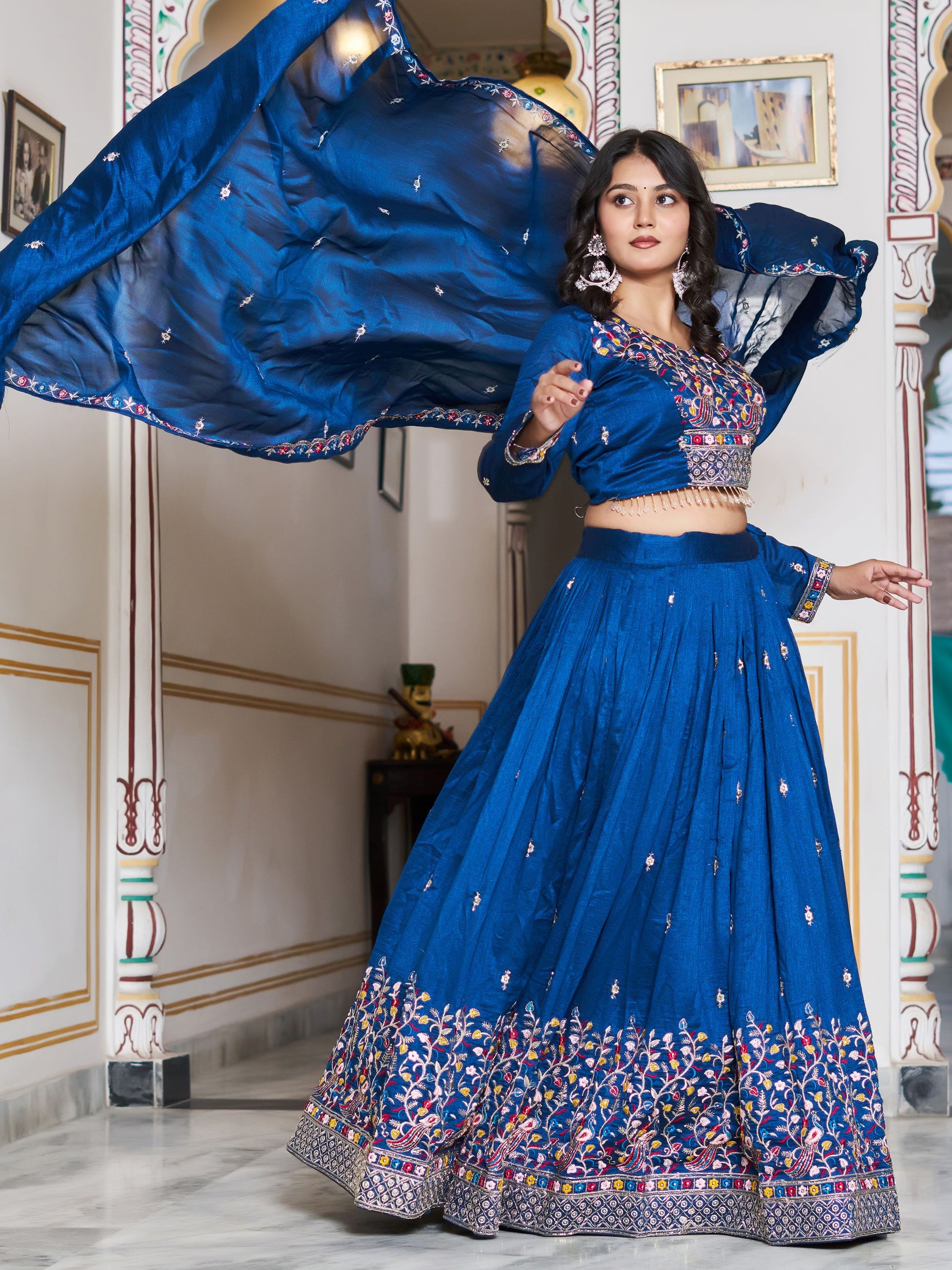Great Blue Floral Embroidery Silk Wedding Wear Lehenga Choli With Dupatta