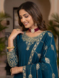 Regal Teal Blue Zari Embroidery Chinon Festive Wear Palazzo Suit With Dupatta