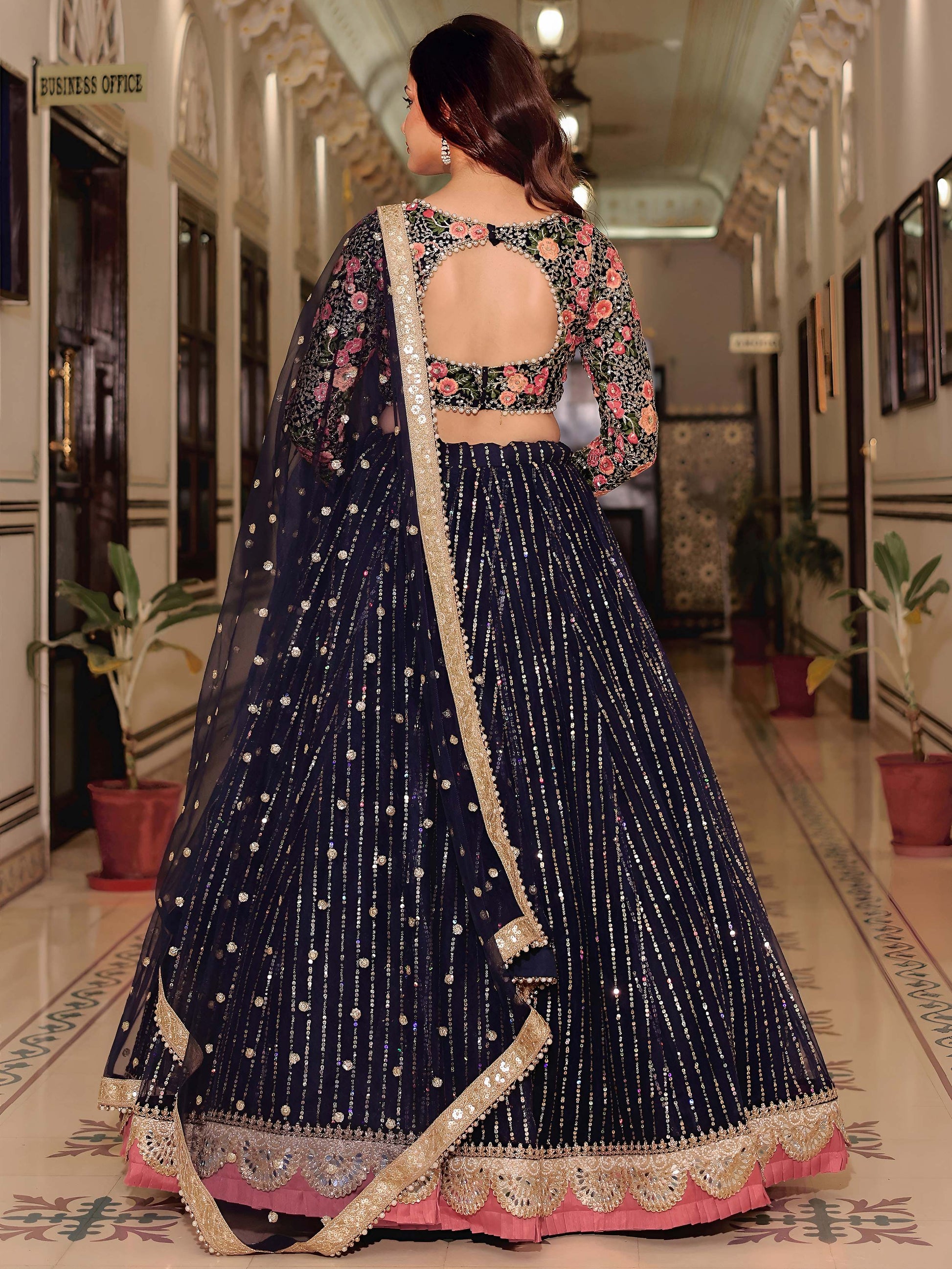 Glamorous Navy Blue Floral Embroidery Net Engagement Wear Lehenga With Blouse