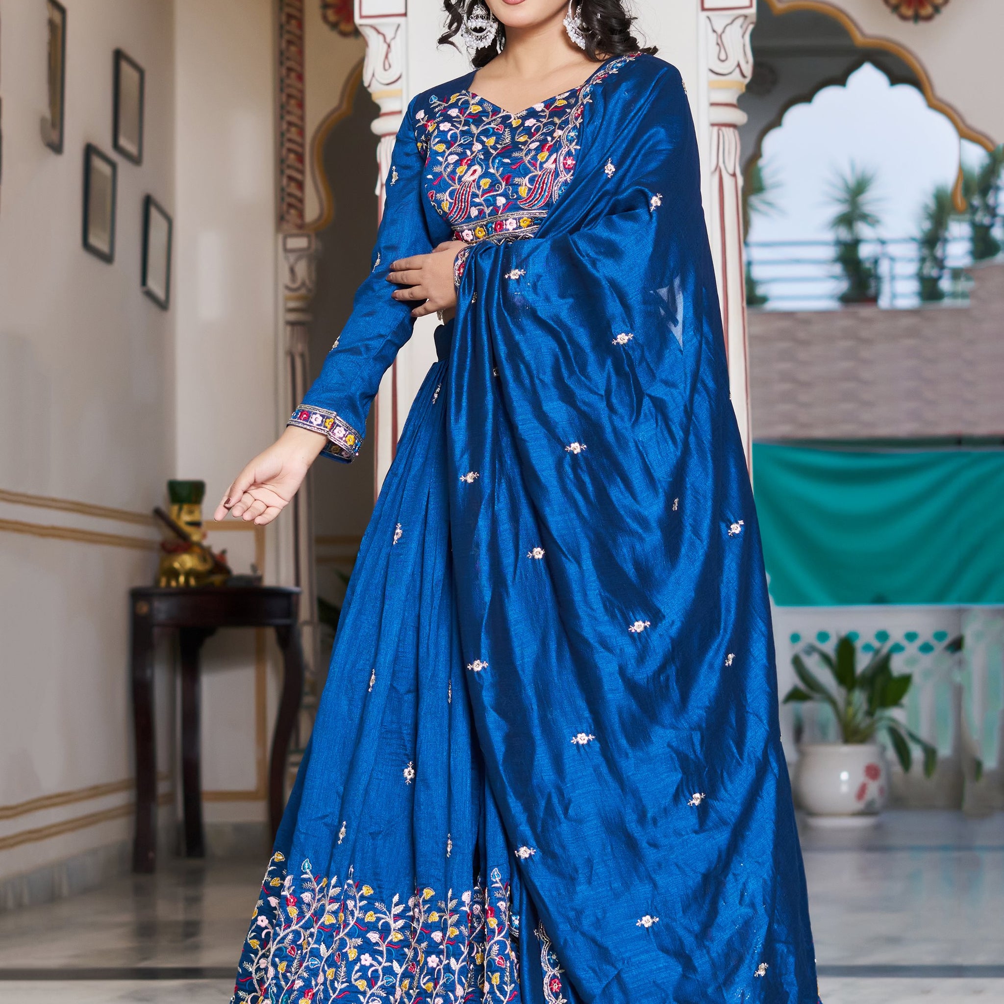 Great Blue Floral Embroidery Silk Wedding Wear Lehenga Choli With Dupatta