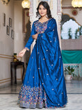 Great Blue Floral Embroidery Silk Wedding Wear Lehenga Choli With Dupatta