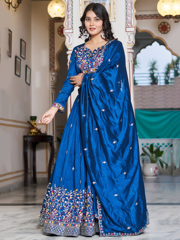 Great Blue Floral Embroidery Silk Wedding Wear Lehenga Choli With Dupatta