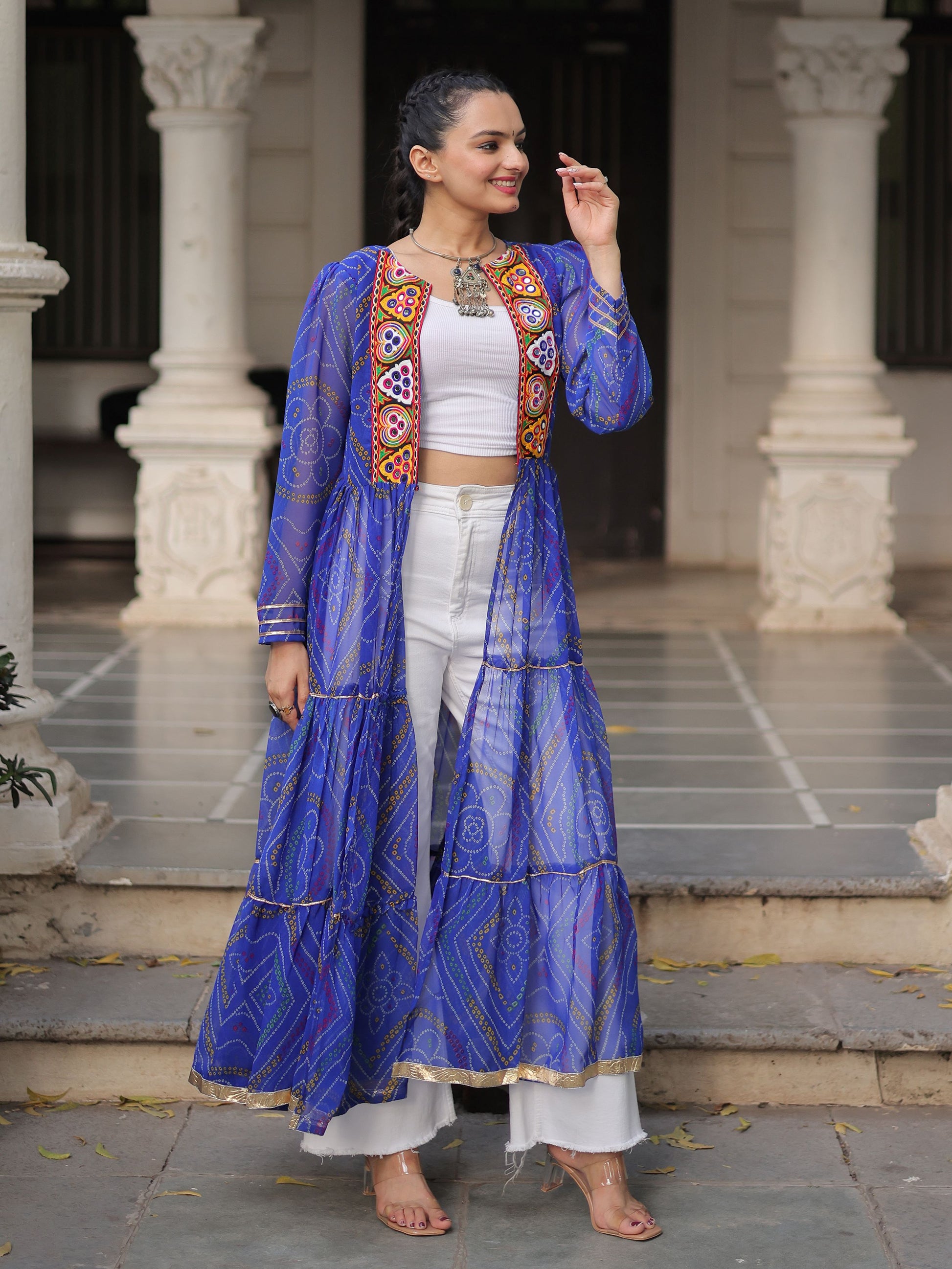 Stellar Blue Bandhani Printed Georgette Navratri Special Shrug