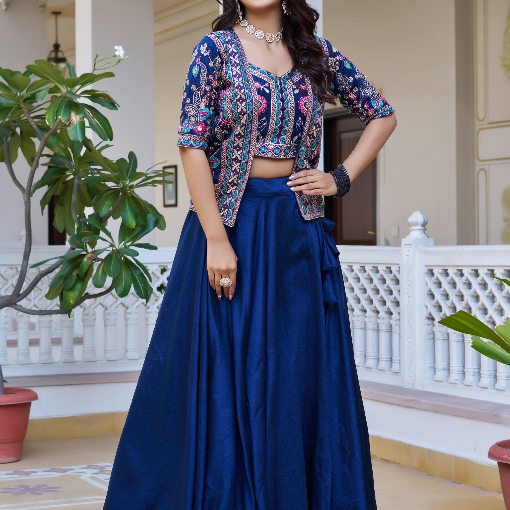 Stunning Blue Thread Embroidered Silk Marriage Wear Lehenga Choli With Jacket