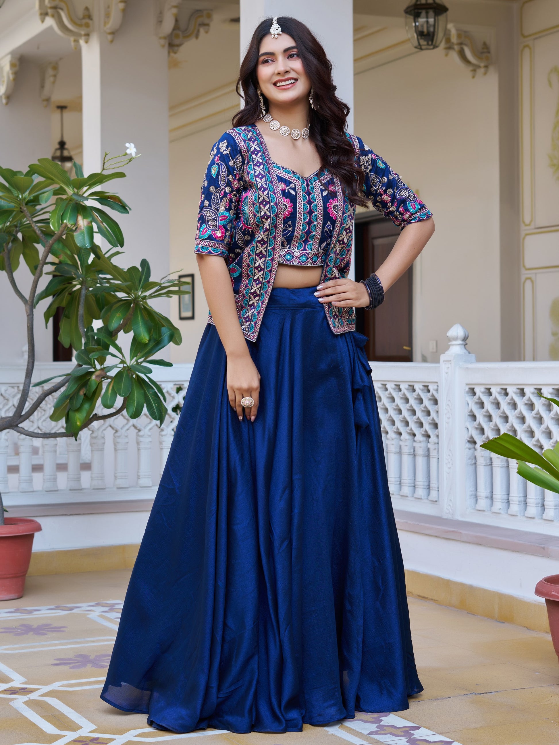 Stunning Blue Thread Embroidered Silk Marriage Wear Lehenga Choli With Jacket