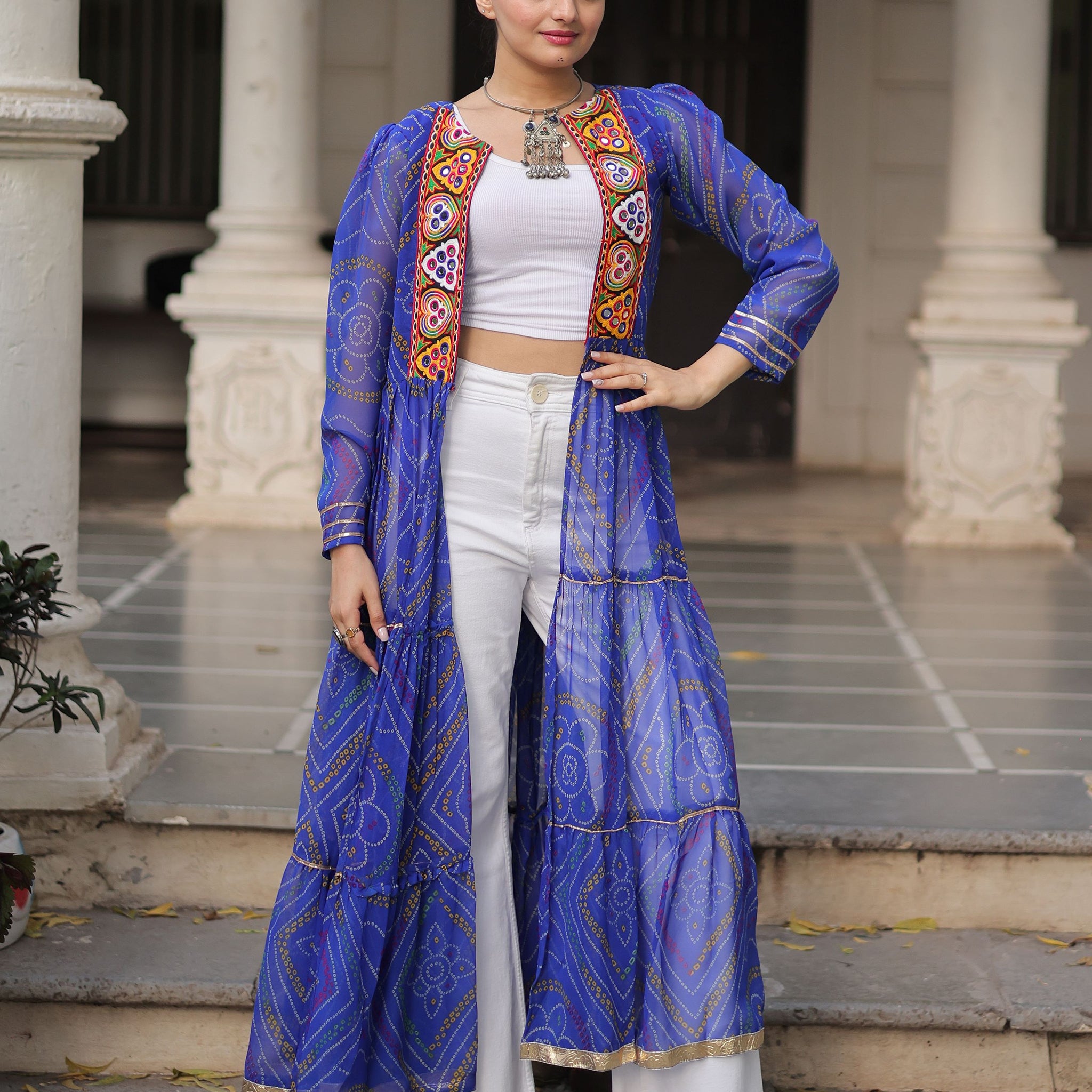 Stellar Blue Bandhani Printed Georgette Navratri Special Shrug
