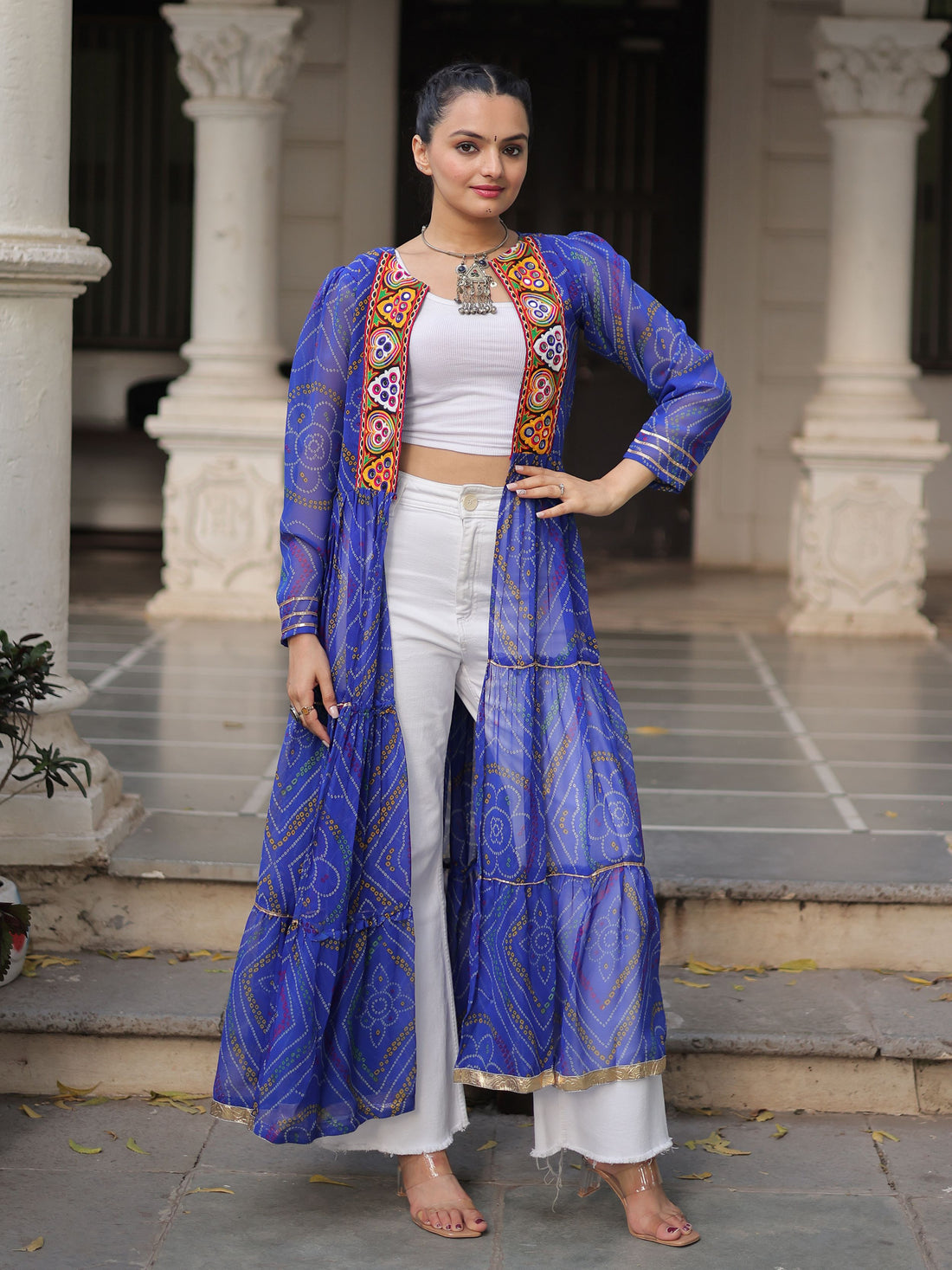 Stellar Blue Bandhani Printed Georgette Navratri Special Shrug