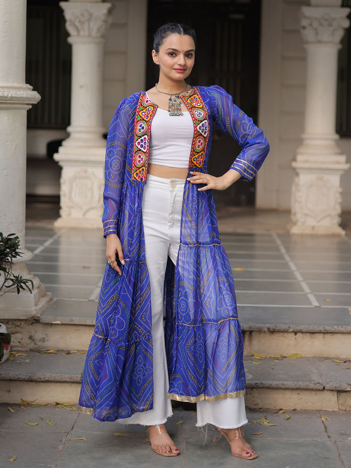 Stellar Blue Bandhani Printed Georgette Navratri Special Shrug