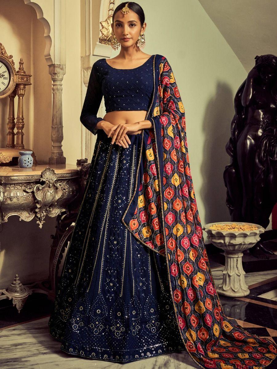 Stunning Navy Blue Sequins Georgette Wedding Wear Lehenga Choli