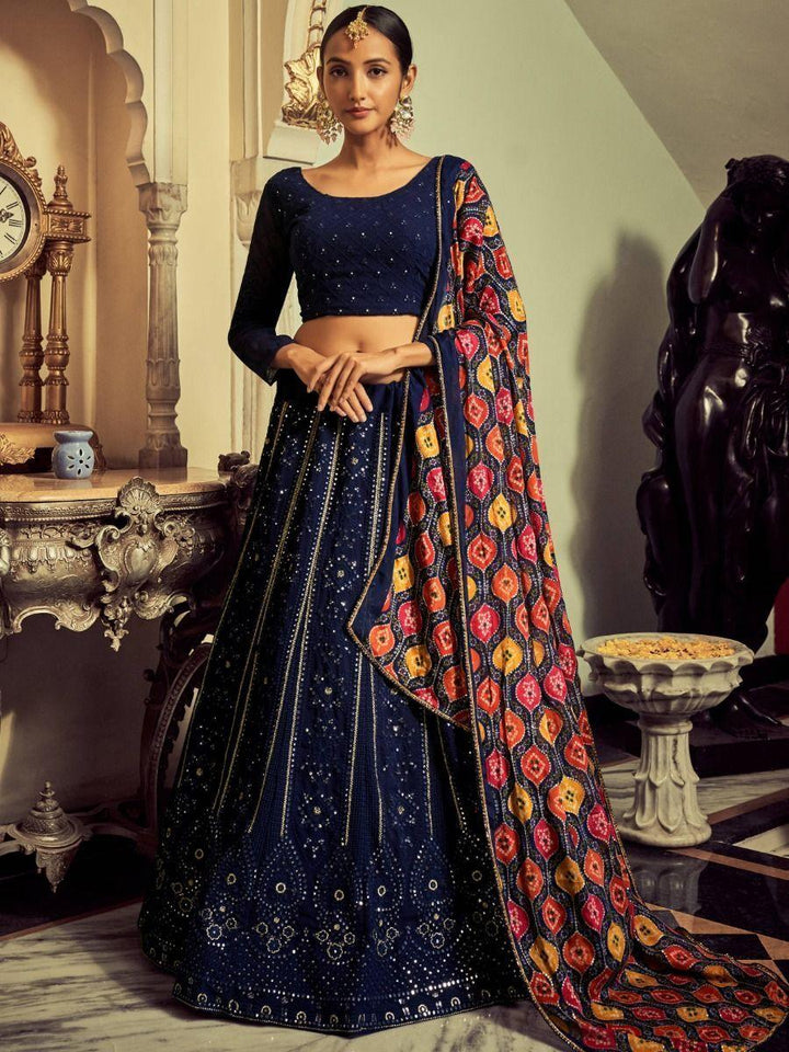 Stunning Navy Blue Sequins Georgette Wedding Wear Lehenga Choli