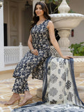 Amazing Black Printed Cotton Casual Wear Pant Suit With Dupatta