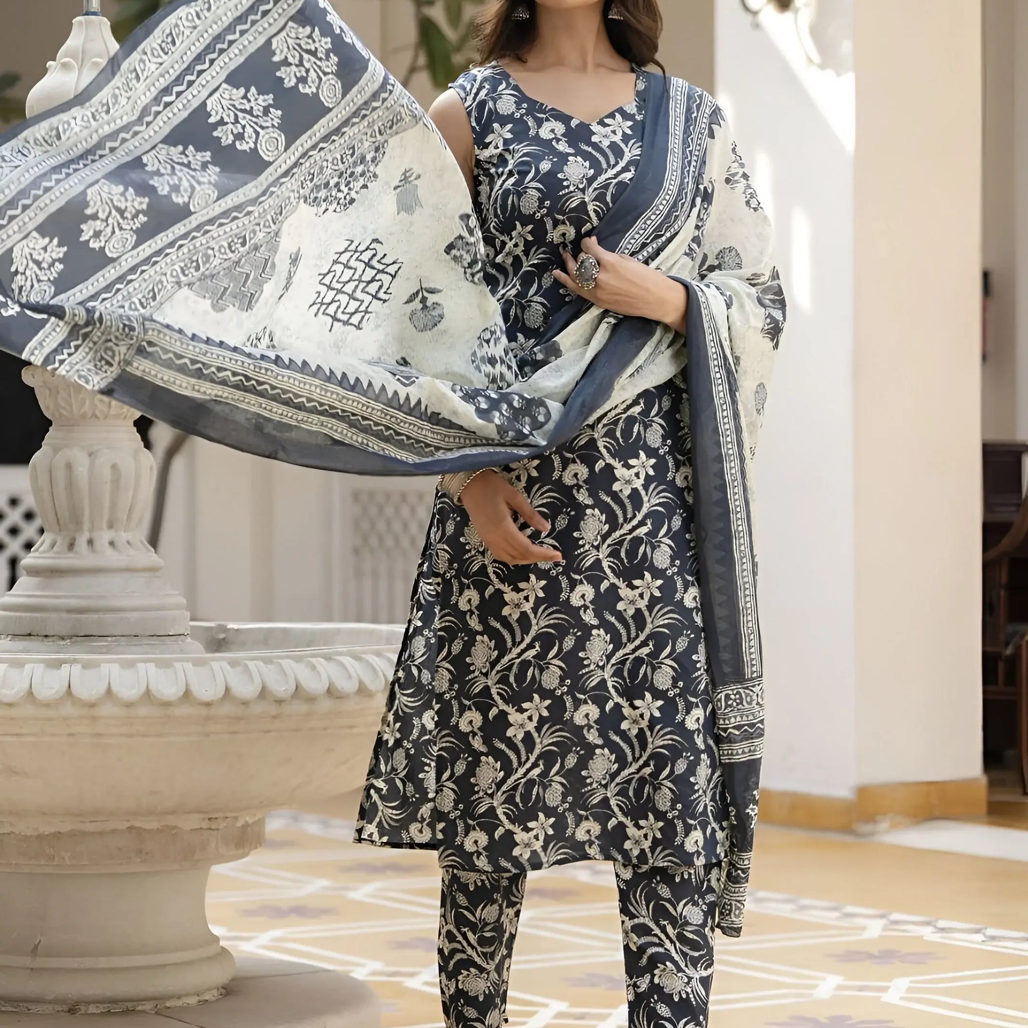 Amazing Black Printed Cotton Casual Wear Pant Suit With Dupatta