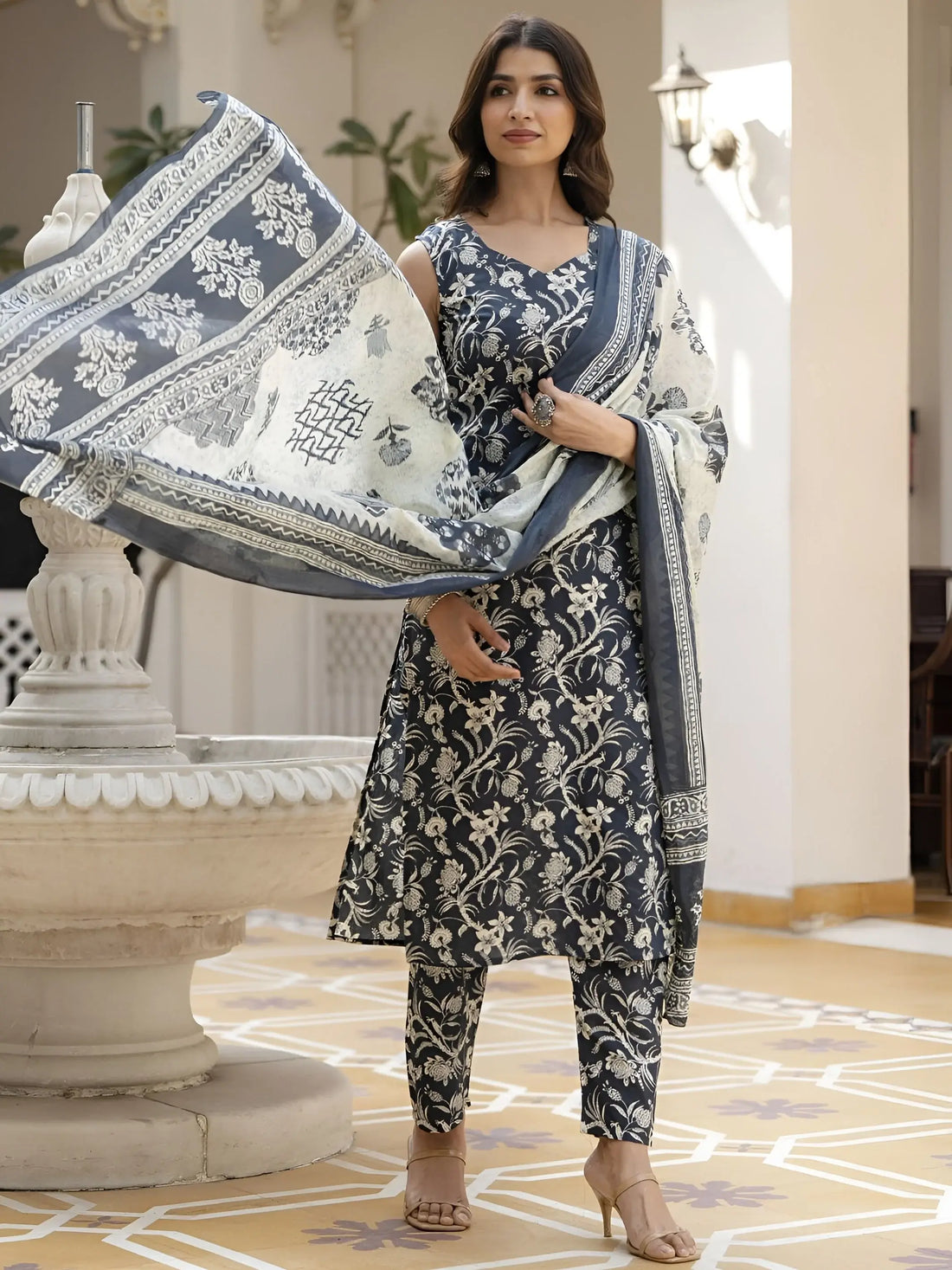 Amazing Black Printed Cotton Casual Wear Pant Suit With Dupatta