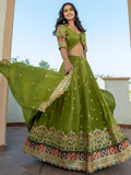 Breathtaking Green Thread Work Silk Mehendi Wear Lehenga Choli With Dupatta - Zeel Clothing