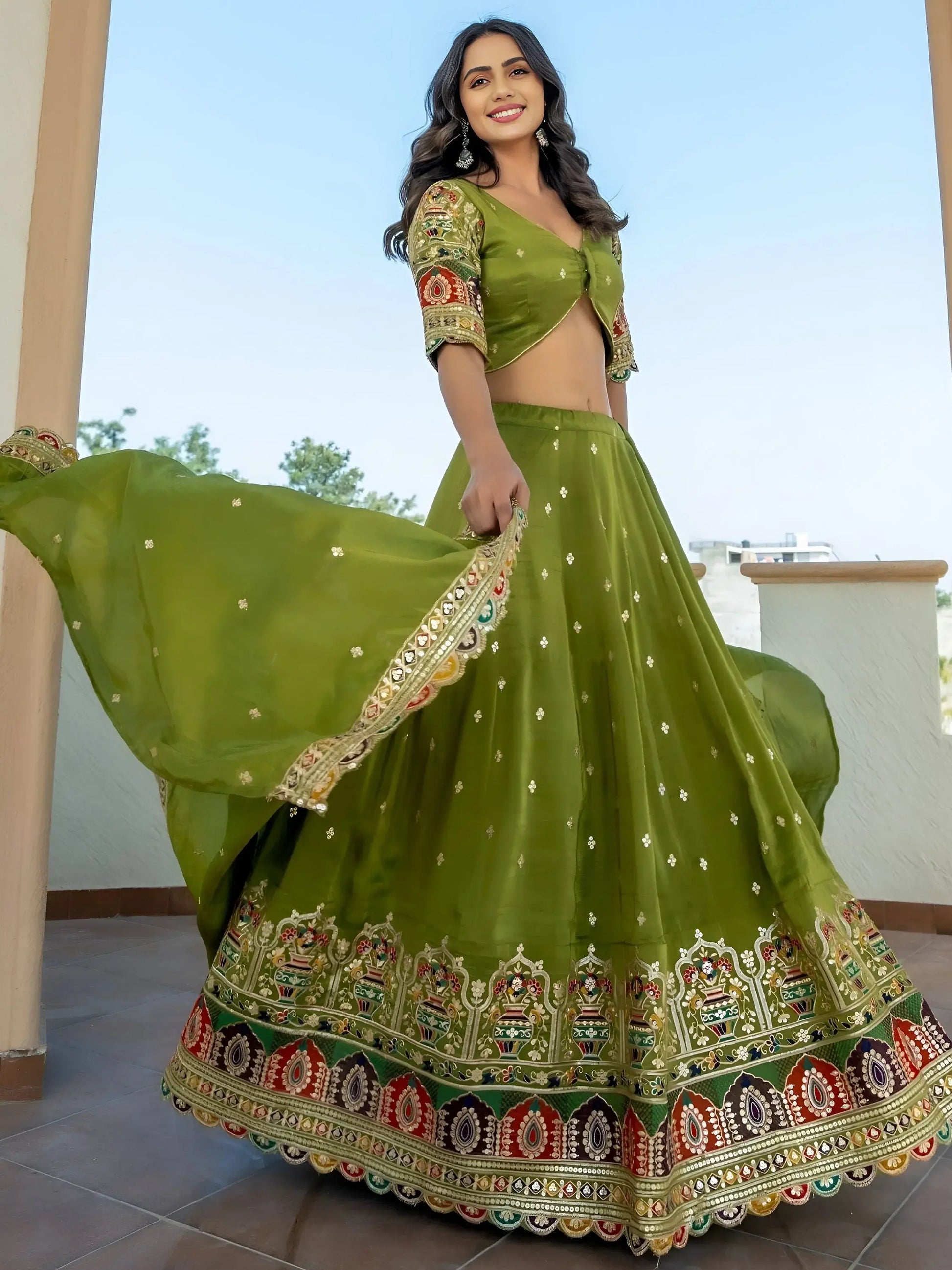 Breathtaking Green Thread Work Silk Mehendi Wear Lehenga Choli With Dupatta - Zeel Clothing