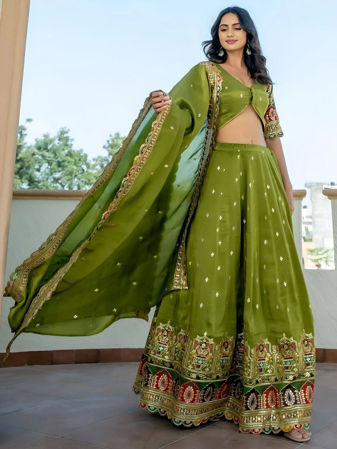 Breathtaking Green Thread Work Silk Mehendi Wear Lehenga Choli With Dupatta - Zeel Clothing