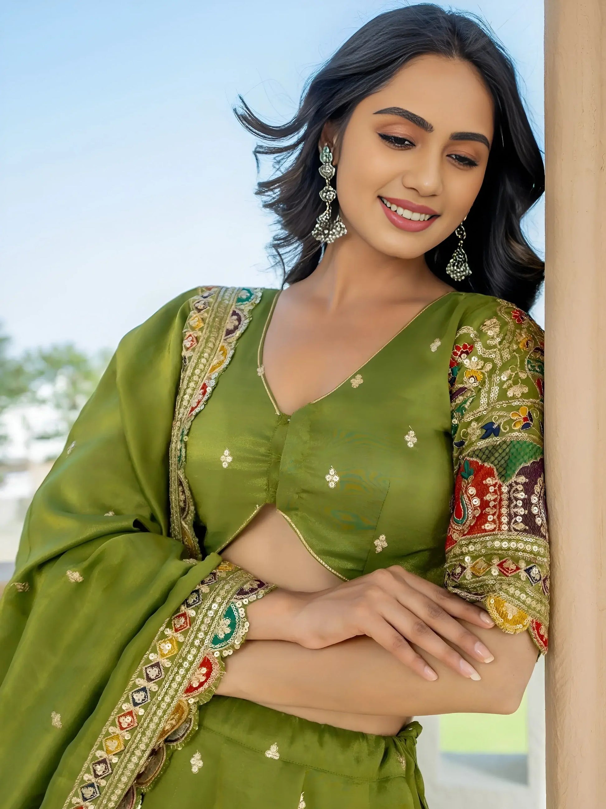 Breathtaking Green Thread Work Silk Mehendi Wear Lehenga Choli With Dupatta - Zeel Clothing