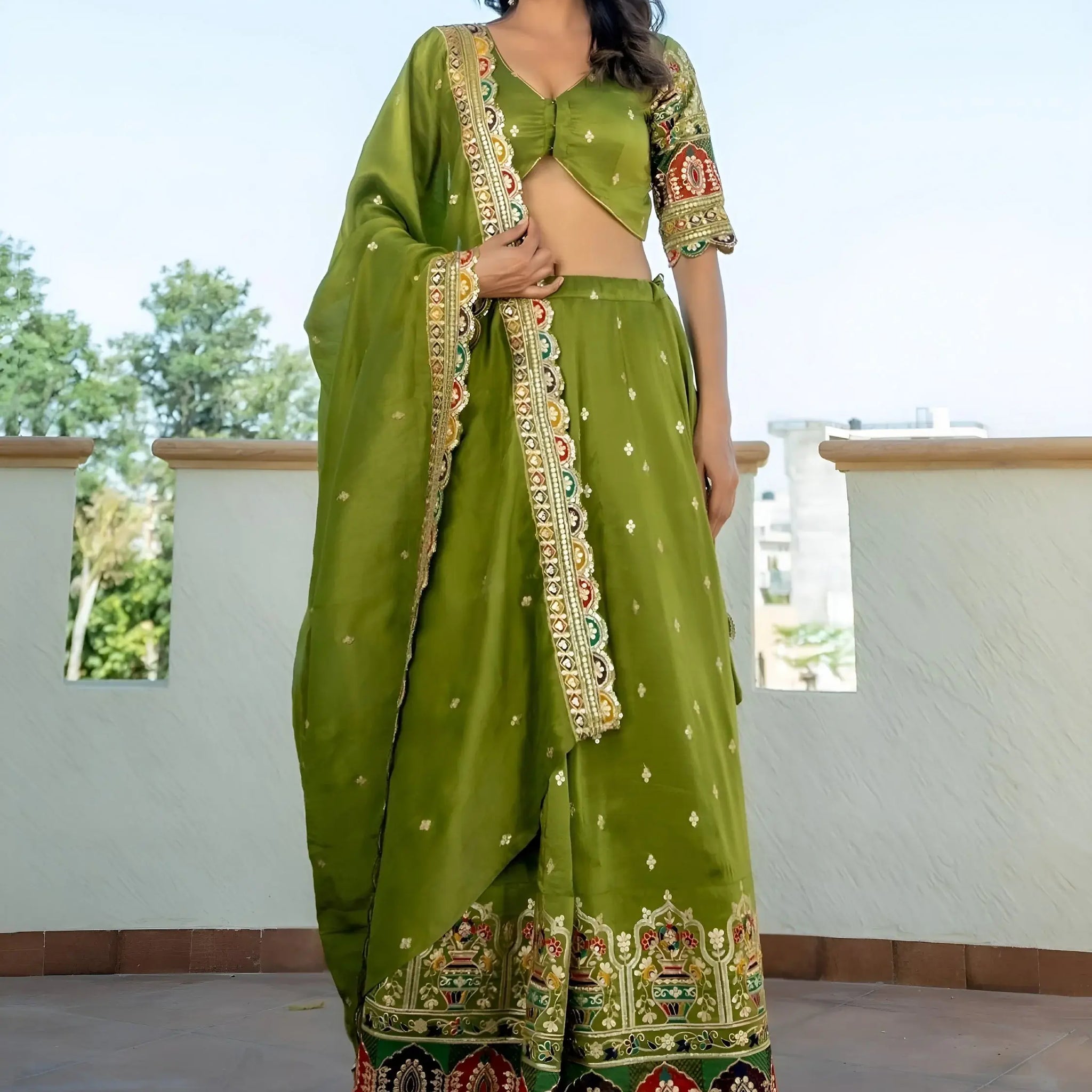 Breathtaking Green Thread Work Silk Mehendi Wear Lehenga Choli With Dupatta - Zeel Clothing