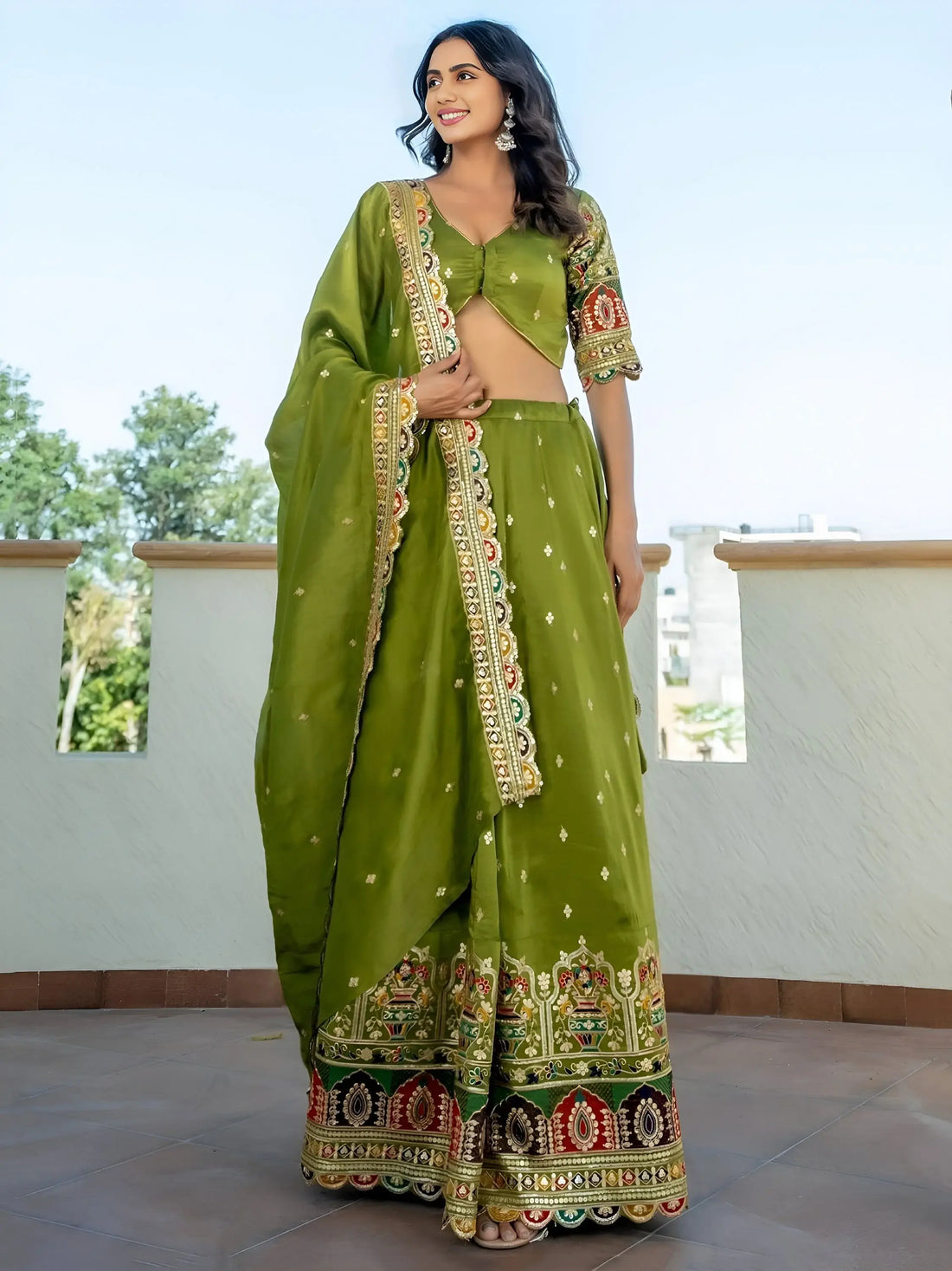 Breathtaking Green Thread Work Silk Mehendi Wear Lehenga Choli With Dupatta - Zeel Clothing