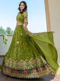 Breathtaking Green Thread Work Silk Mehendi Wear Lehenga Choli With Dupatta - Zeel Clothing